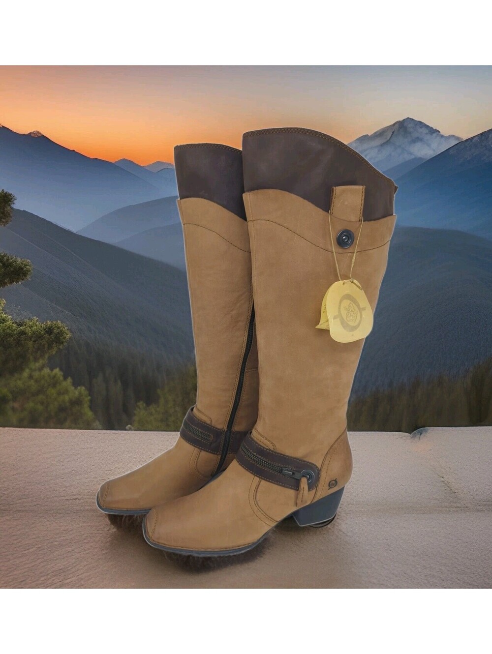 NEW BORN Tall Western Riding Boots Suede Leather Tan Chunk Women 9.5 41 Festival